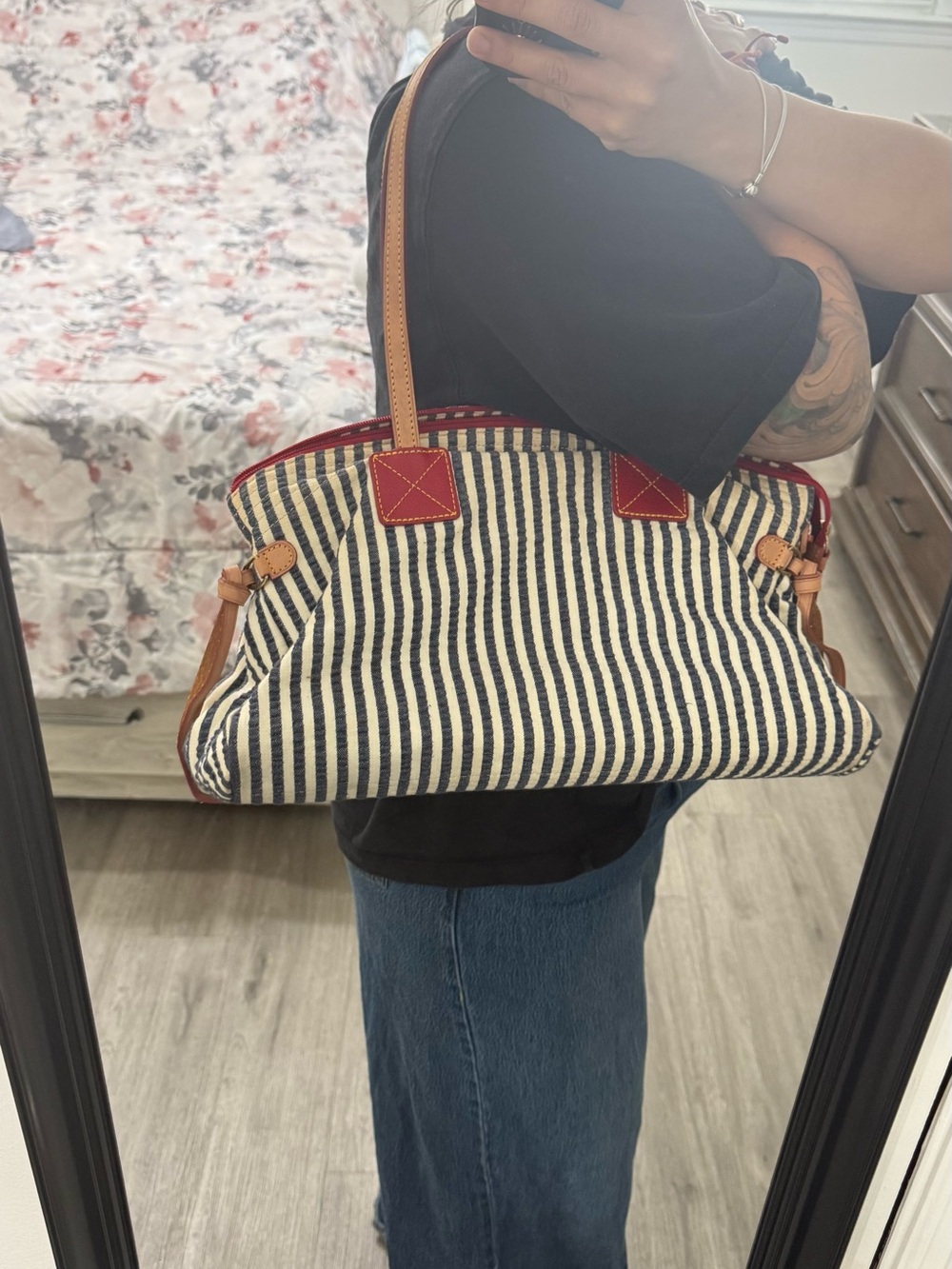 Striped Canvas Tote Bag with Leather Trim - Navy/White